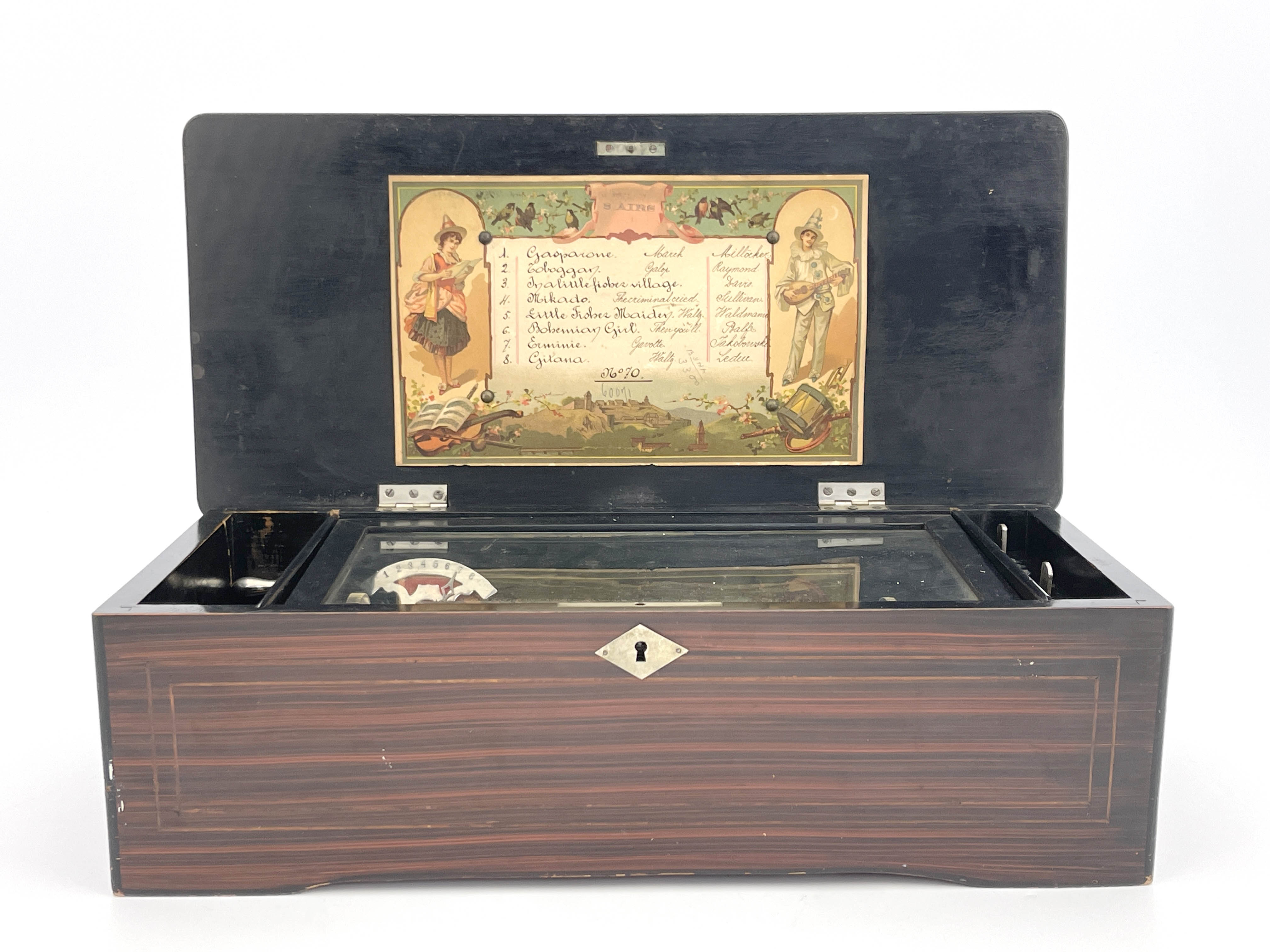 A late 19th Century Swiss table top cylinder musical box, floral marquetry and strung case, song - Image 3 of 5