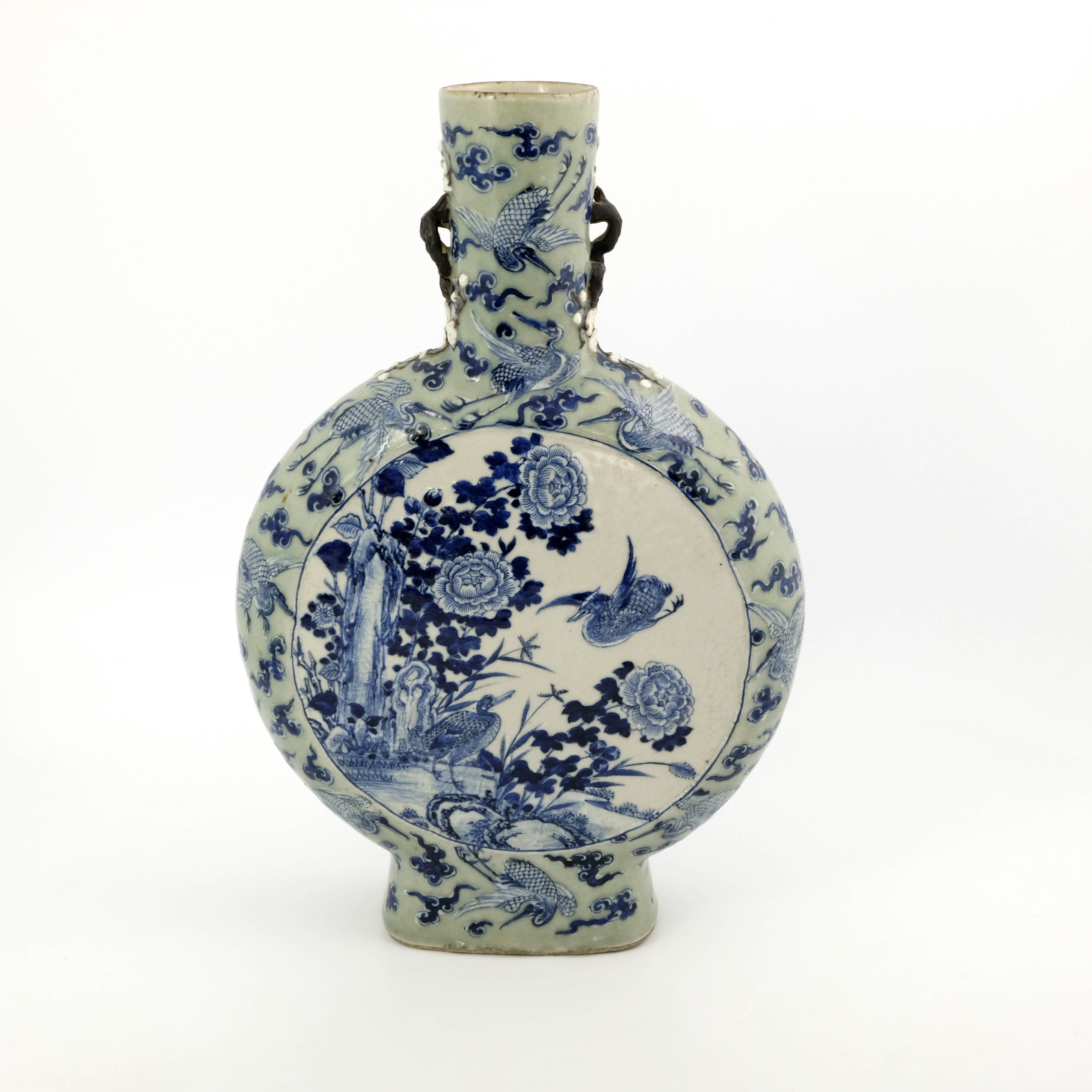 A large pair of Chinese relief moulded blue and white moonflask vases, Qing dynasty, incised four - Image 8 of 10