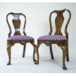 A pair of early George II walnut side chairs, circa 1730, moulded top rails, pierced backs with vase