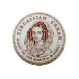 A 19th century advertising pot lid, Circassian Cream, puce printed portrait of a young woman with