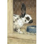 Harry Wingfield (British, 1910-2002), rabbit in a hutch, signed l.l., gouache, 26 by 17cm, framed