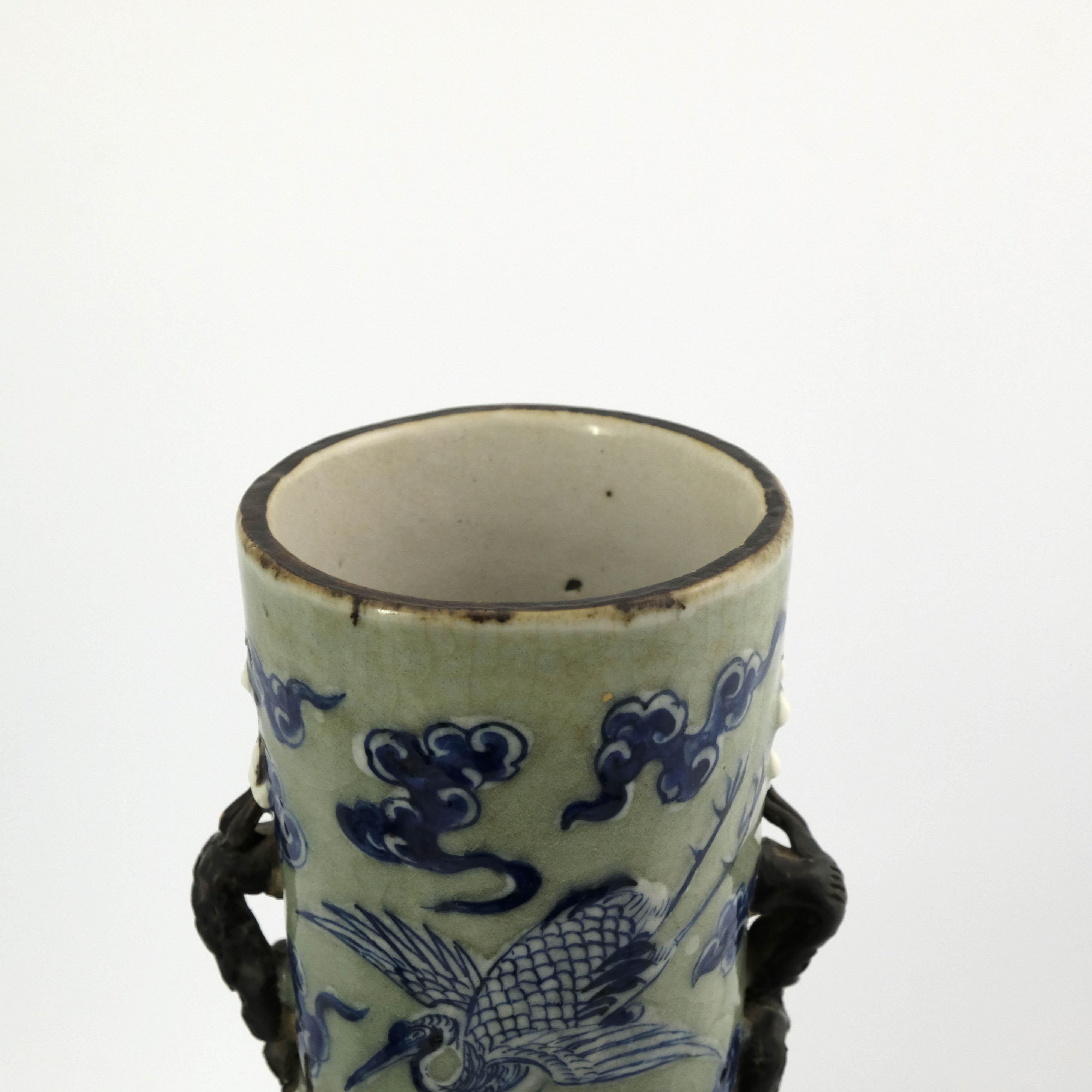 A large pair of Chinese relief moulded blue and white moonflask vases, Qing dynasty, incised four - Image 4 of 10