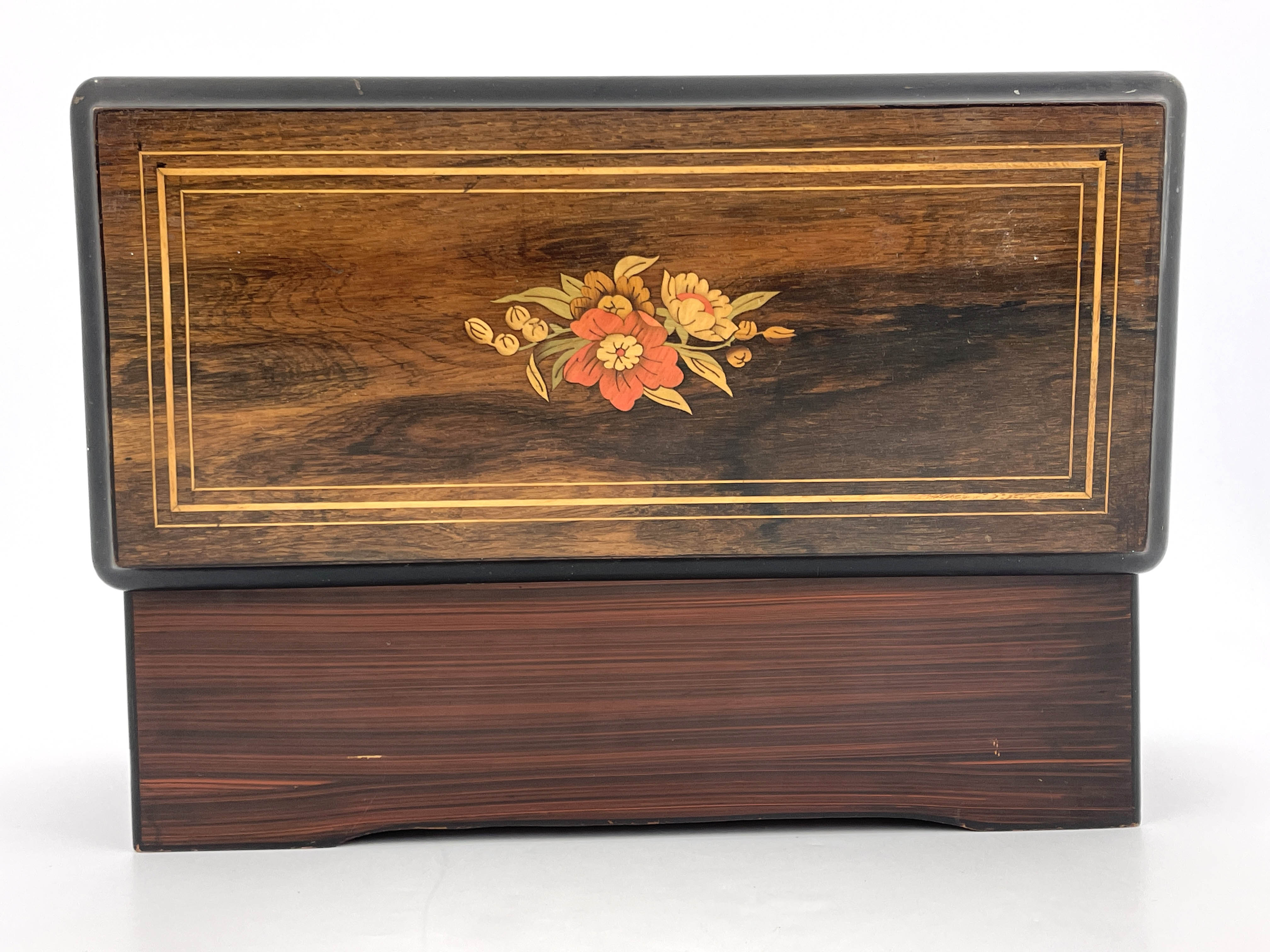 A late 19th Century Swiss table top cylinder musical box, floral marquetry and strung case, song - Image 4 of 5