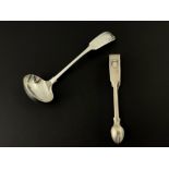 A Victorian silver sauce ladle and pair of sugar tongs