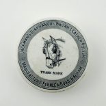 A 19th century advertising pot lid, printed monochrome border, Jackman's Diaphanous Brown Leather