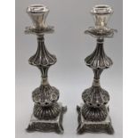 A pair of Middle Eastern silver filigree candlesticks, 380g, 20cm