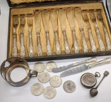 A set of silver handled, knives and forks, hallmarked Sheffield, together with other silver