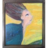 20th century Continental School, 'WAAK', portrait in yellow, oil on canvas, signed to verso H.37.5cm