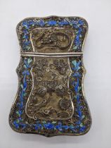 A Chinese export silver blue enamel card case, filigree work depicting dragons