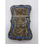 A Chinese export silver blue enamel card case, filigree work depicting dragons