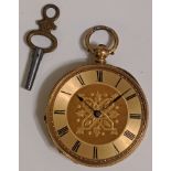 An 18ct gold early 20th century pocket watch, blue enameled back with vacant cartouche, with key,