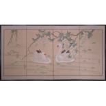 A large Japanese Kano style painting on silk of Swans on a lake, mounted on wall panel, signature