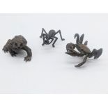 3 Japanese Meiji period bronzes, each signed, crab width 5.5cm