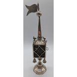 A silver havdalah spice tower, filigree body, mounted with bells and birds, hallmarked London, 1904,