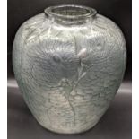 Rene Lalique Alicante vase, blue frosted glass depicting faces of parakeets or budgies, circa 1920s,