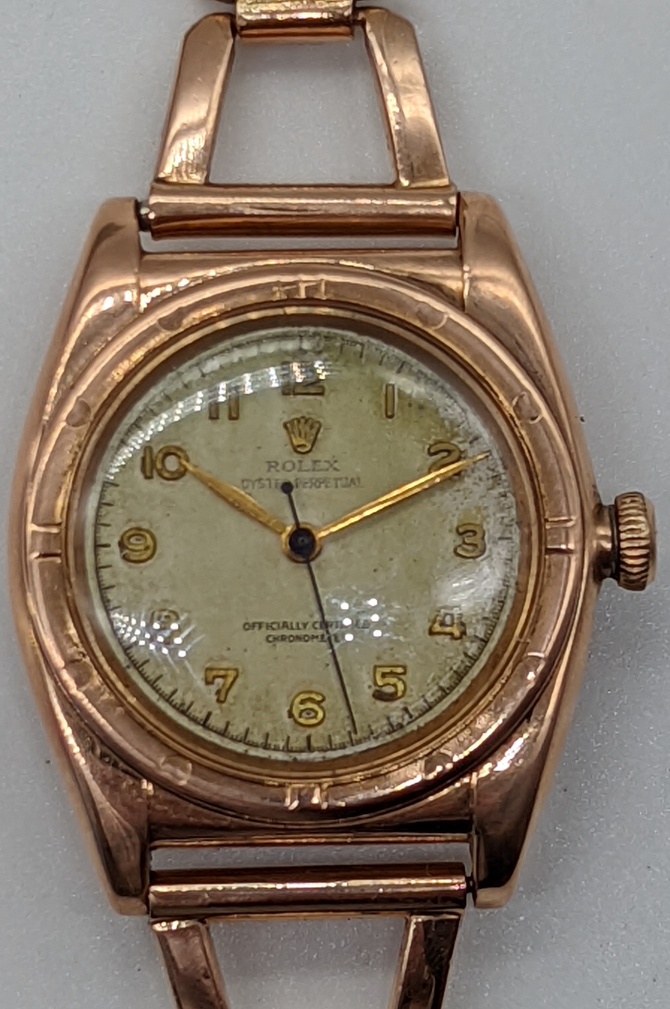 A 14ct gold Rolex Oyster Perpetual Bubbleback gents wristwatch, circa 1940s, total item weight 67. - Image 5 of 10