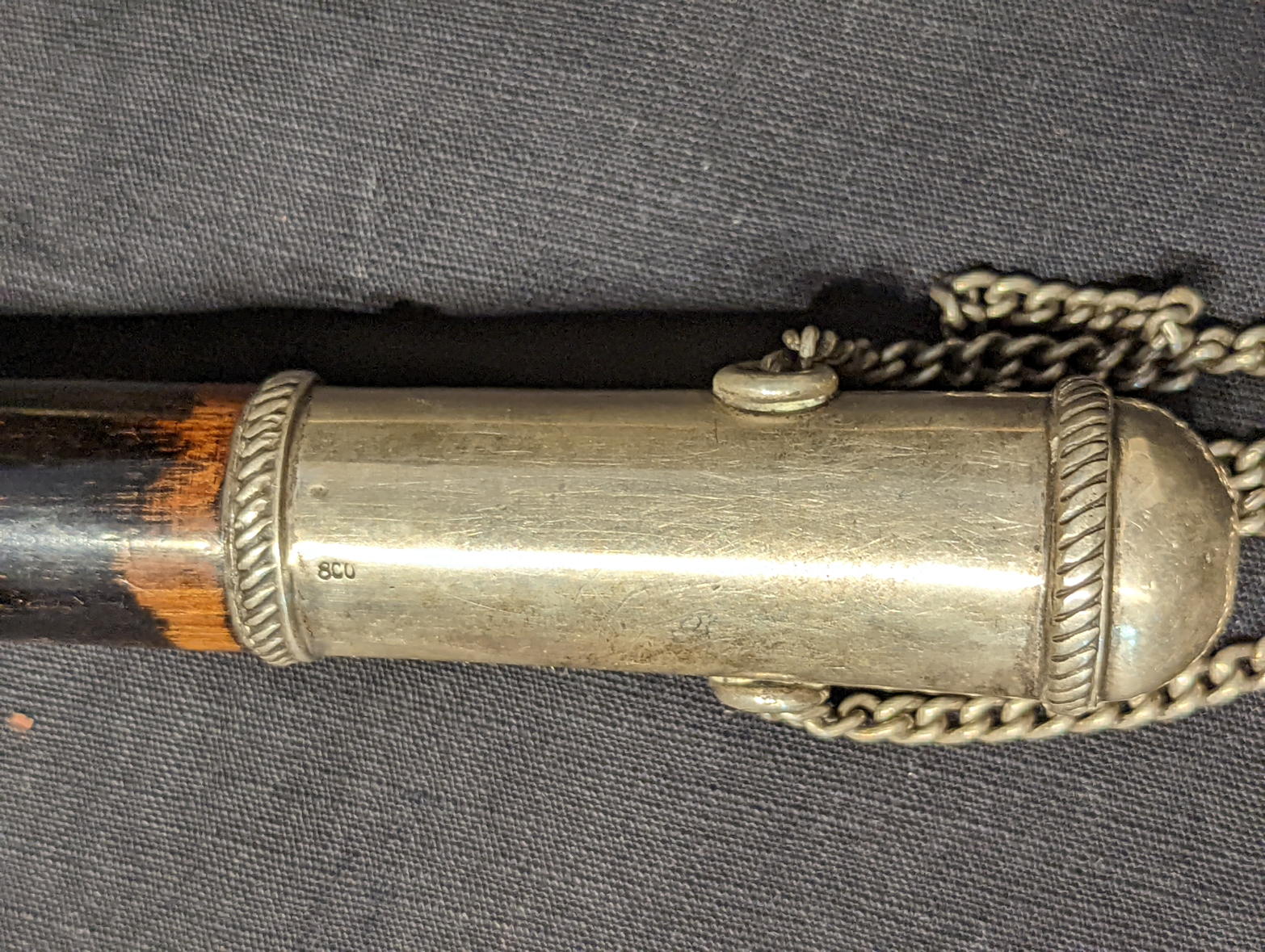 A 19th century Spanish Colonial quirt or whip, woven leather handle, silver covered top, South - Image 6 of 6
