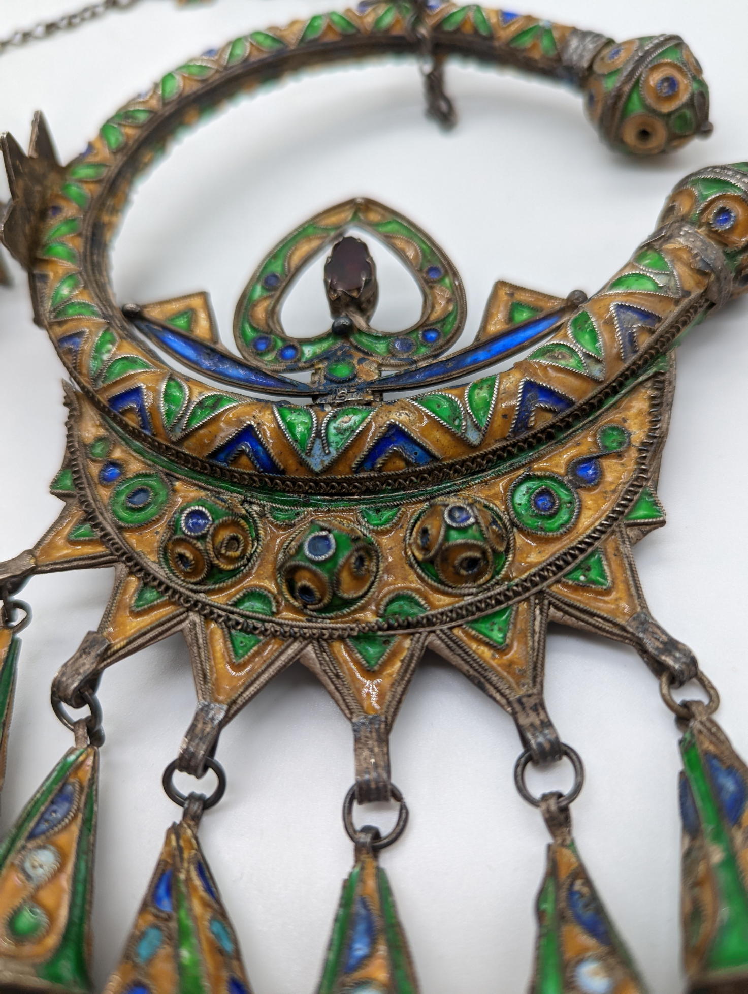 A pair of Moroccan Berber silver headdresses, enamelled with ornaments and chains - Image 6 of 8