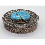 An Austrian silver trinket box mounted with a turquoise stone, 55g, L.6.5cm