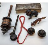 A collection of items to include a Tibetan prayer wheel, a Japanese inkwell, an Austrian cold