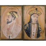 A pair of late 19th/early 20th century portraits of Shah Jahan and Mumtaz Mahal, signed, gouache, on