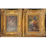 Early 20th century Continental School, a pair still lifes of flowers, oils on board, indistinctly