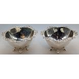 A pair of Omar Ramsden silver bowls, hexagonal with planished side panels, each raised on six