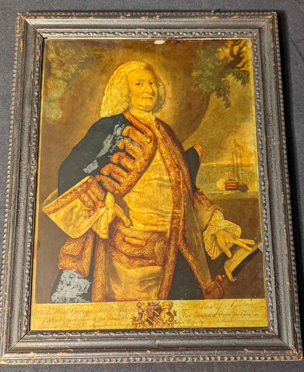 An 18th century reverse glass print, portrait of The Right Honourable George Lord Anson, Vice