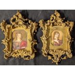 A pair of 19th century miniature portraits of ladies, within giltwood frames, depiction to verso