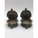 A pair of Indian Bronze Gajalakshmi Oil Lamps, with Hindu images of Goddess and Elephants, H.12.5cm