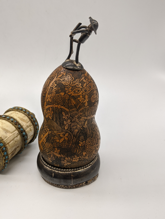 Four Chinese and Tibetan Buddhist prayer items to include 2 prayers wheels, a carved gourd etched - Image 2 of 2