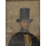 A 19th century miniature portrait of a gentleman with top-hat, oil on canvas laid on board