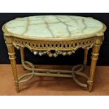 A Louis XVI style giltwood centre table, marble top, H.57cm W.80cm D.53cm