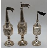 Three 20th century silver Havdalah spice towers, each stamped sterling 925, 225g, H.22cm (largest)