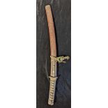 A Japanese Wakizashi sword, bronze tiger Munuki set handle, red lacquer scabbard, L.64.5cm, blade