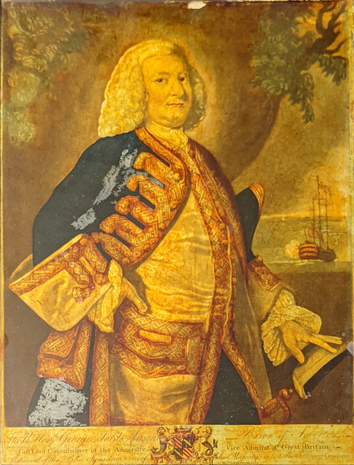 An 18th century reverse glass print, portrait of The Right Honourable George Lord Anson, Vice - Image 2 of 2