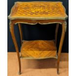 A Louis XV style side table, checkered and floral marquetry inlaid top