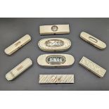 A collection of 19th century ivory toothpick boxes/patch boxes, mounted with yellow gold (8)