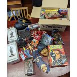 A collection of toys, dolls, modes, military hats, vintage board games etc.