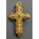 A West African high carat yellow gold crucifix pendant, filigree work, 10g, H.4cm