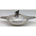 An Italian silver tureen, twin handled, cockerel finial, marks to lid rim, 623g, H.13cm W.32cm