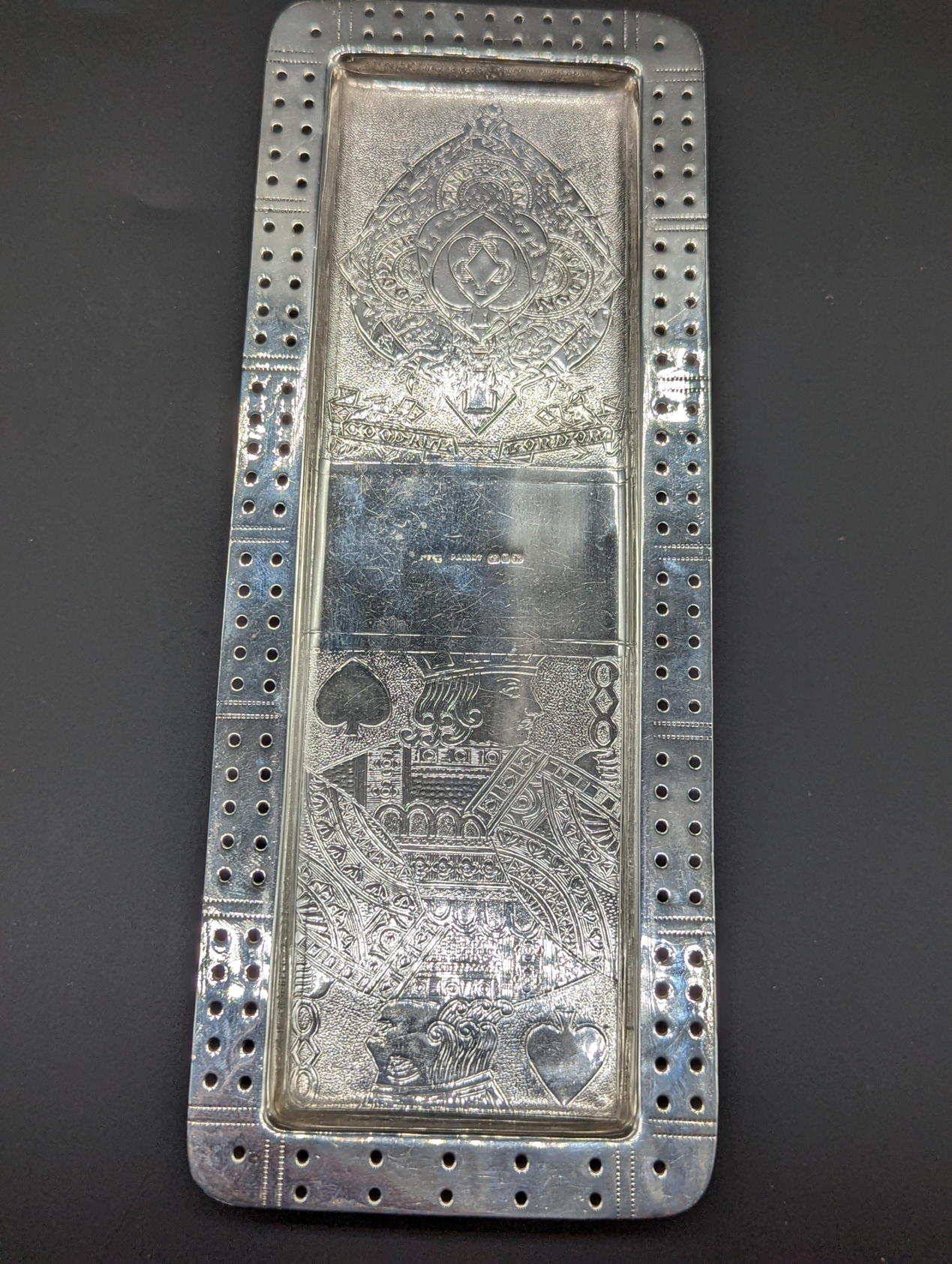 A Victorian Goodall & Son of London silver cribbage board, inscribed with Goodall crest and Jack