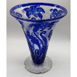 A Thomas Webb & Sons blue fleur glass vase, H.23cm