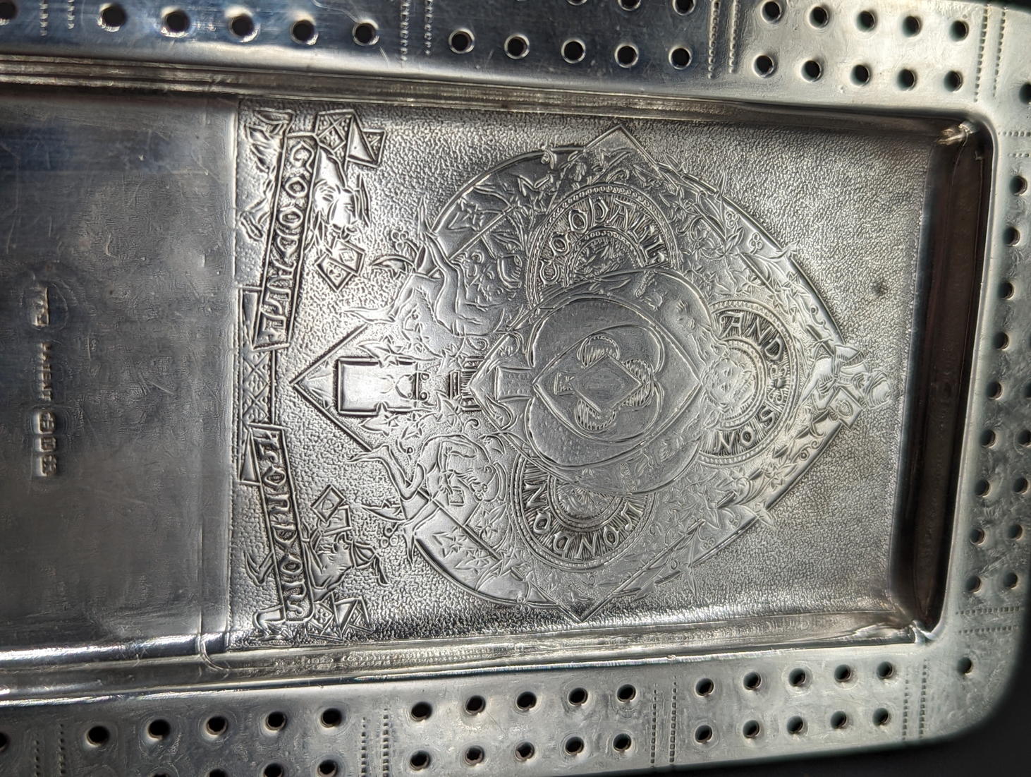 A Victorian Goodall & Son of London silver cribbage board, inscribed with Goodall crest and Jack - Image 3 of 5