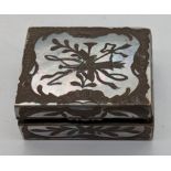 A Continental silver and mother of pearl box, compartmentalised interior with mirror, silver mark to