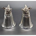 A pair of silver stirrup cups with fox head terminals, late 20th century, hallmarked Sheffield,