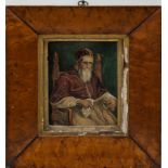 After Raphael, a seated portrait of Pope John II, watercolour, within a burr walnut frame, H.13.