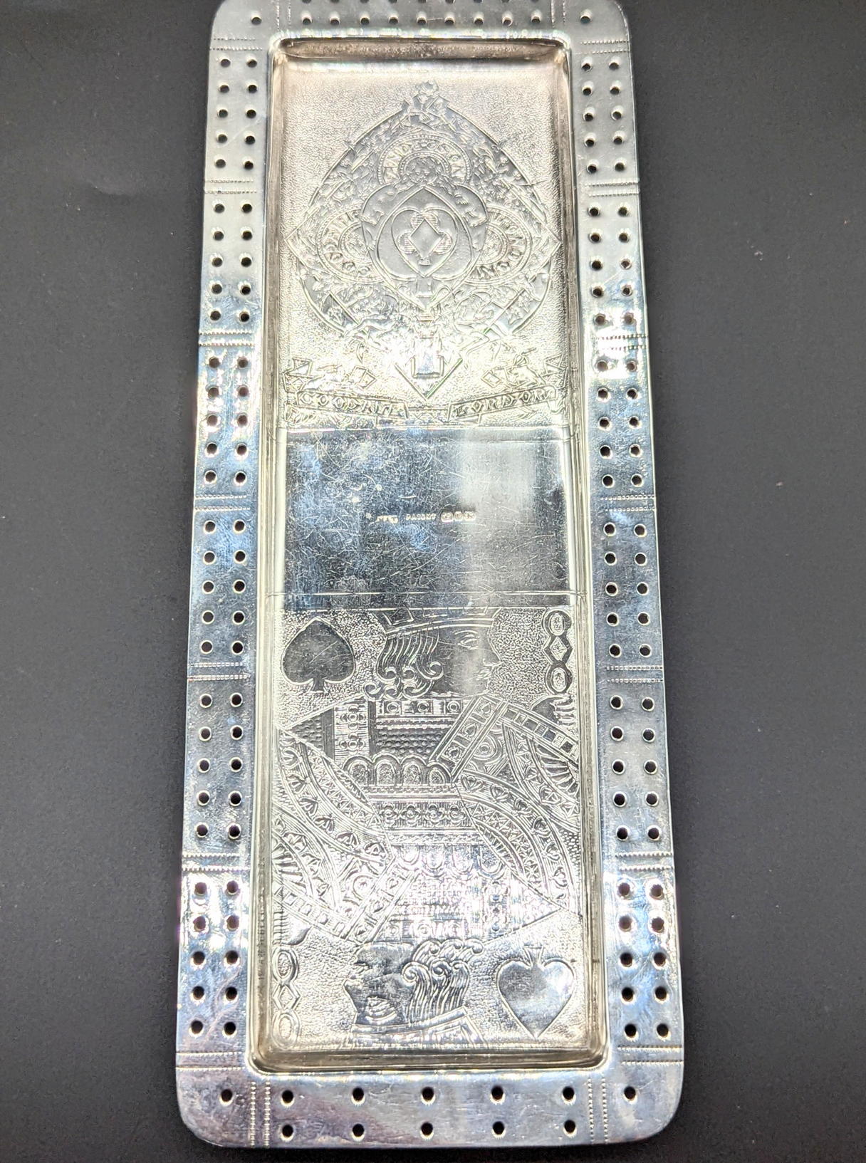 A Victorian Goodall & Son of London silver cribbage board, inscribed with Goodall crest and Jack - Image 4 of 5