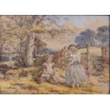 19th century British School, 2 girls within a country landscape, watercolour, monogrammed, H.14.