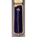 A diamond, pearl and yellow gold tie pin, L.6.5cm